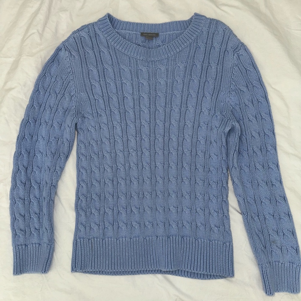 Ann Taylor Blue cable knit sweater with a preppy vibe